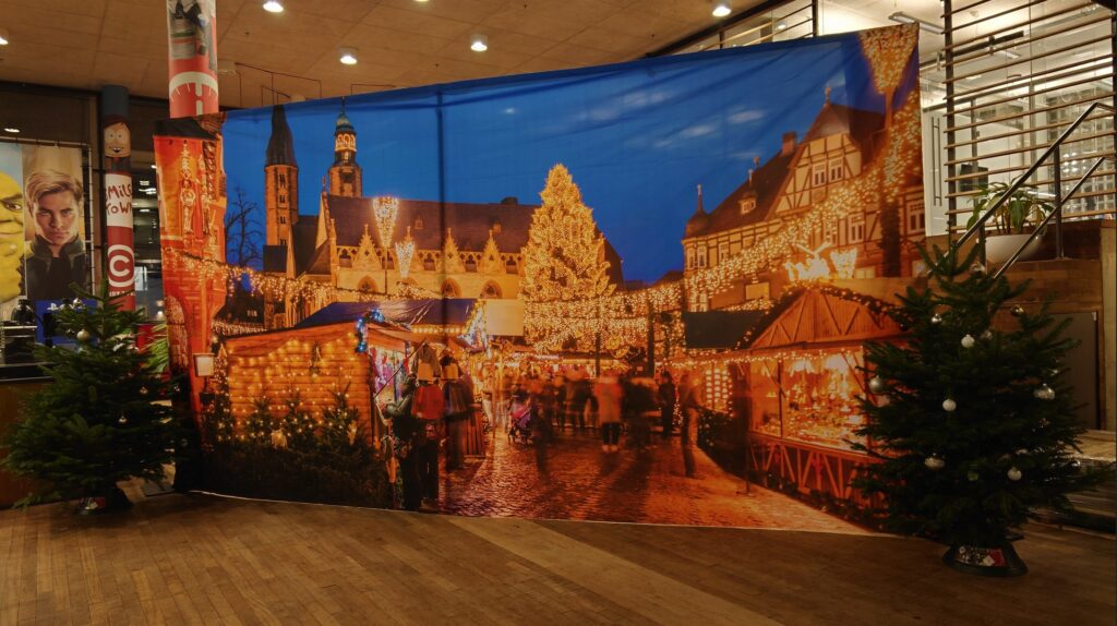 Themafeest Kerstmarkt backdrop wintermarkt huren pipe and drape